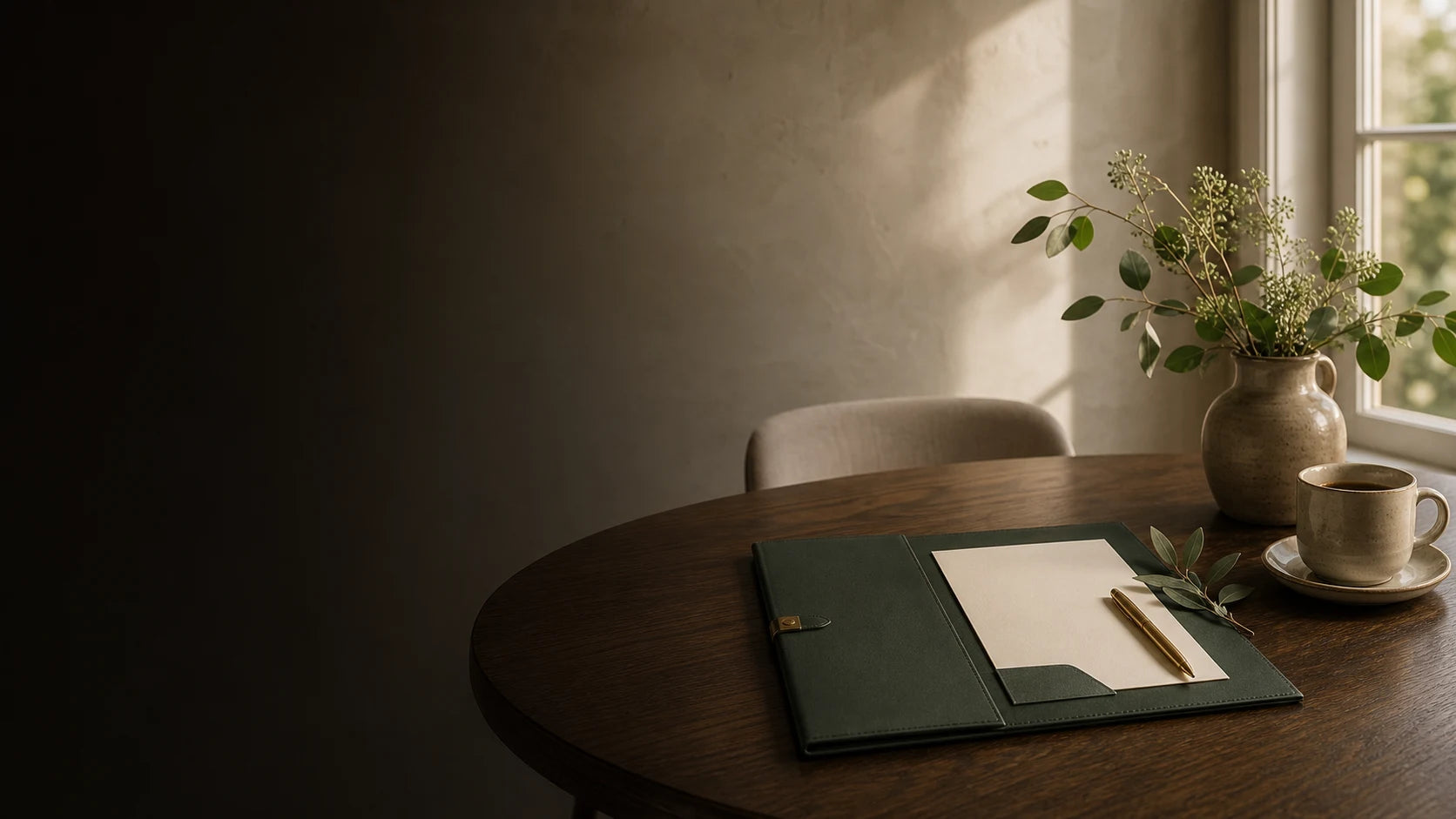 A private table set with a folder, pen, and greenery in warm window light.