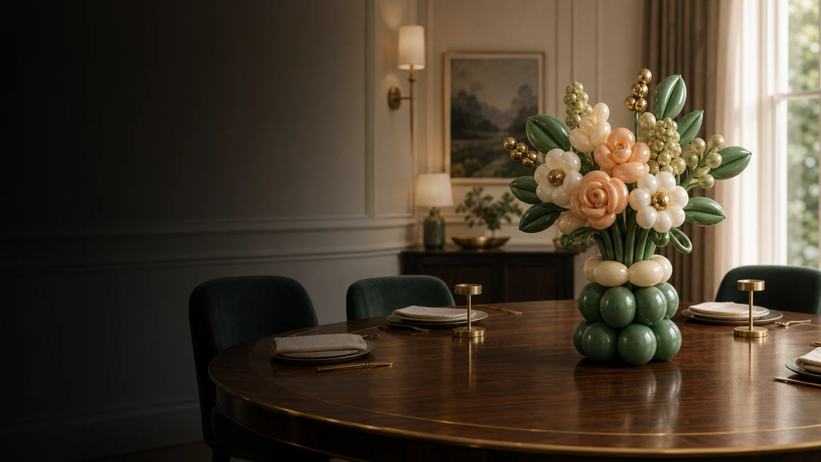 A personal balloon-floral piece on a table in a warm, softly lit room.