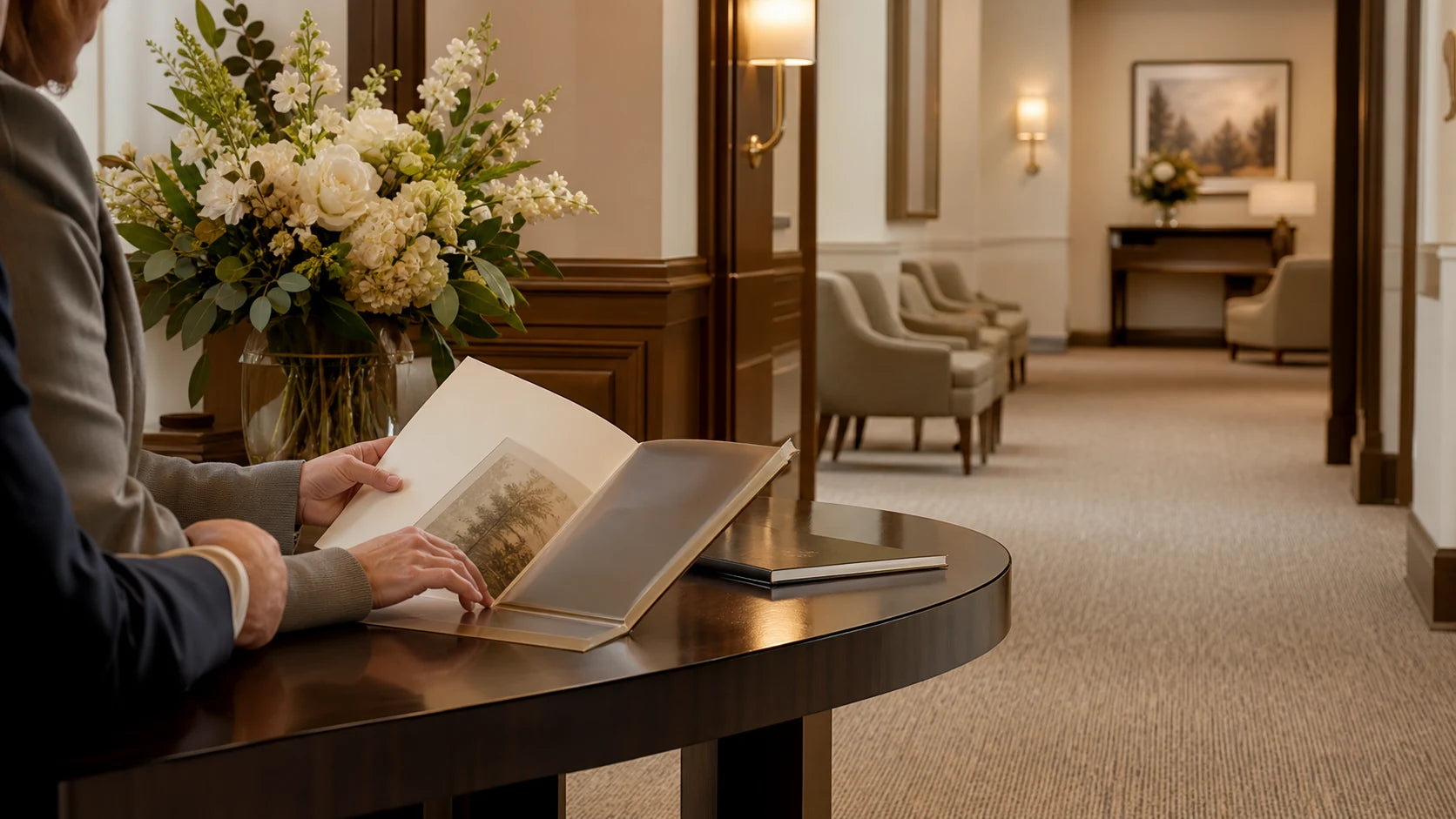 A quiet funeral home consultation with soft light and cream flowers.