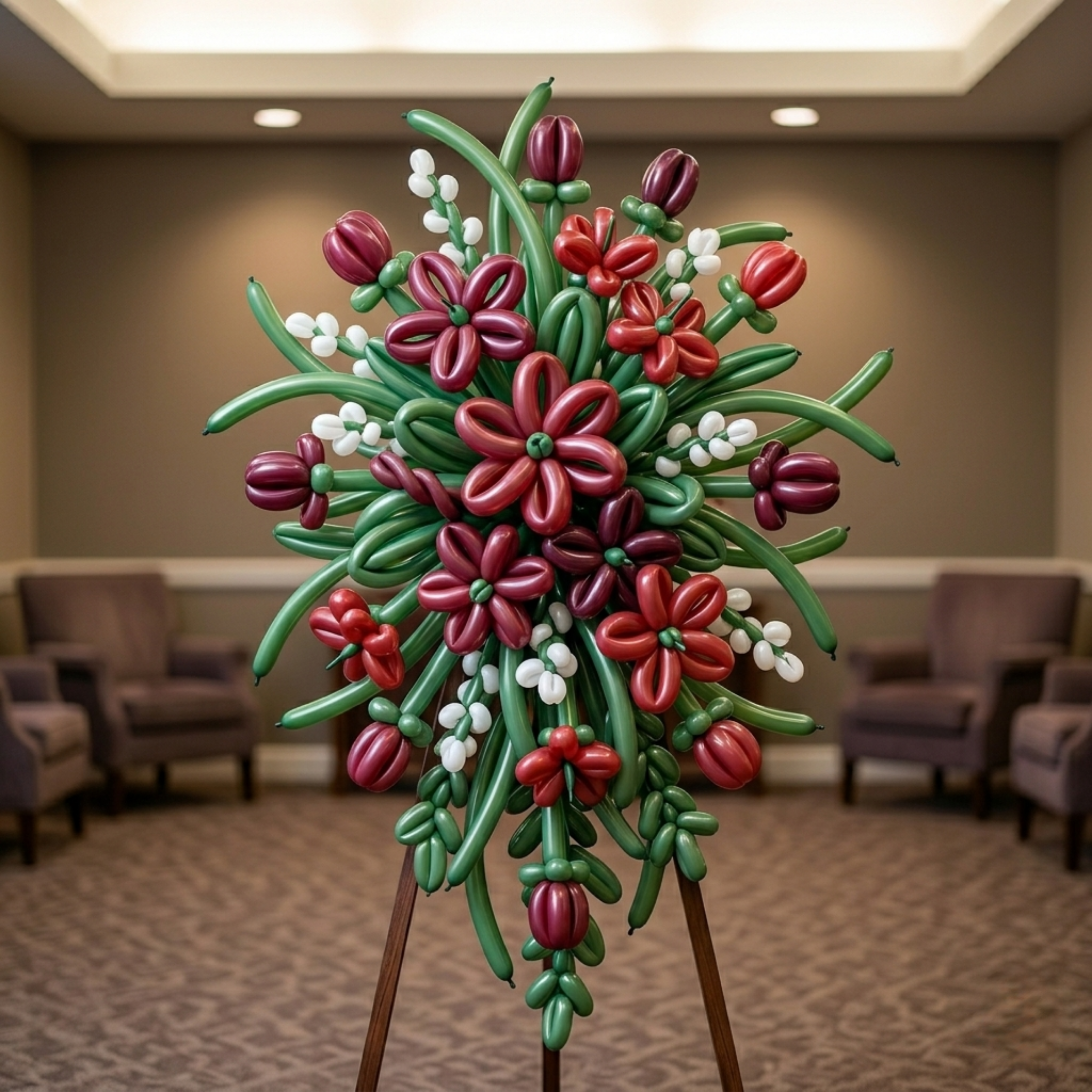 A standing spray of deep crimson and burgundy twisted balloon daisy flowers with white berry accents and long green stems, on an easel in a funeral home lounge