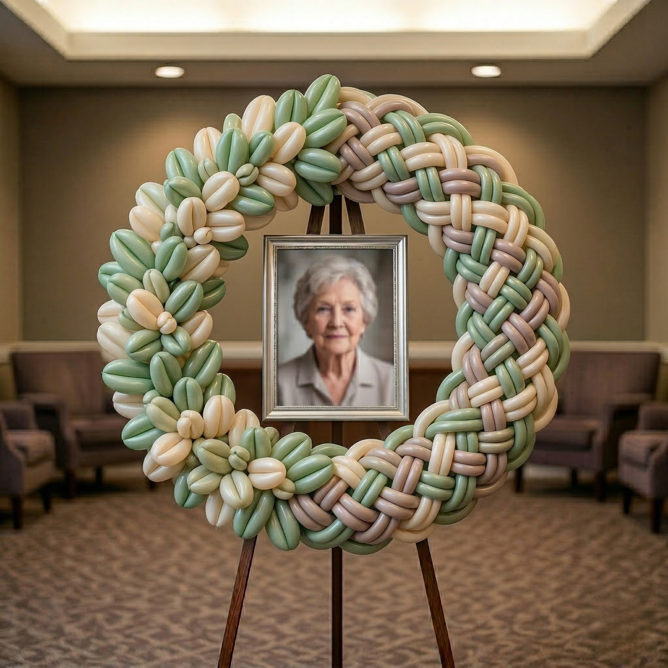 A woven circular ring of interlocking sage green, cream, and taupe balloons on an easel, holding an elderly woman's portrait at the center