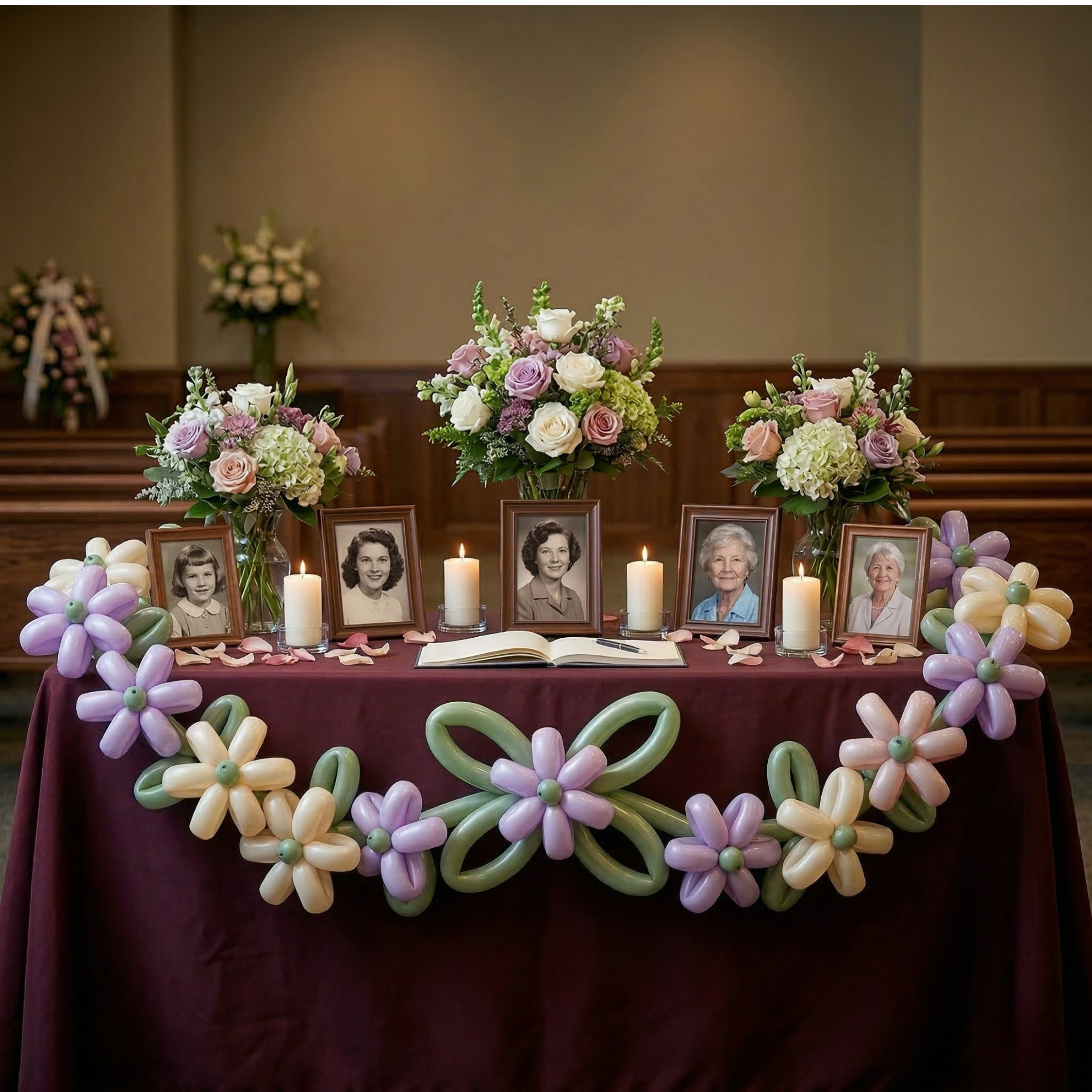 Memory table with lavender balloon garland, lifetime photos, and real flowers