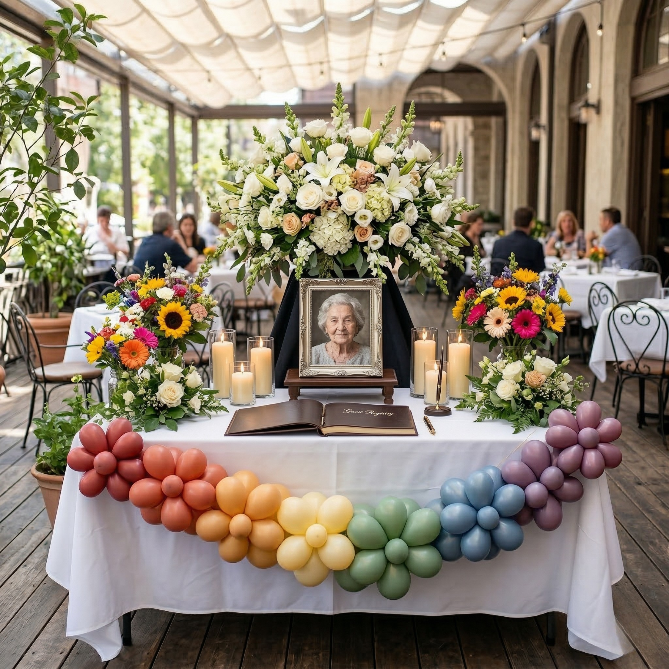 A soft rainbow organic balloon garland draped across an outdoor white-draped table, with an elderly woman's portrait, large white floral arrangement, candles, and a guest book at an open-air garden venue
