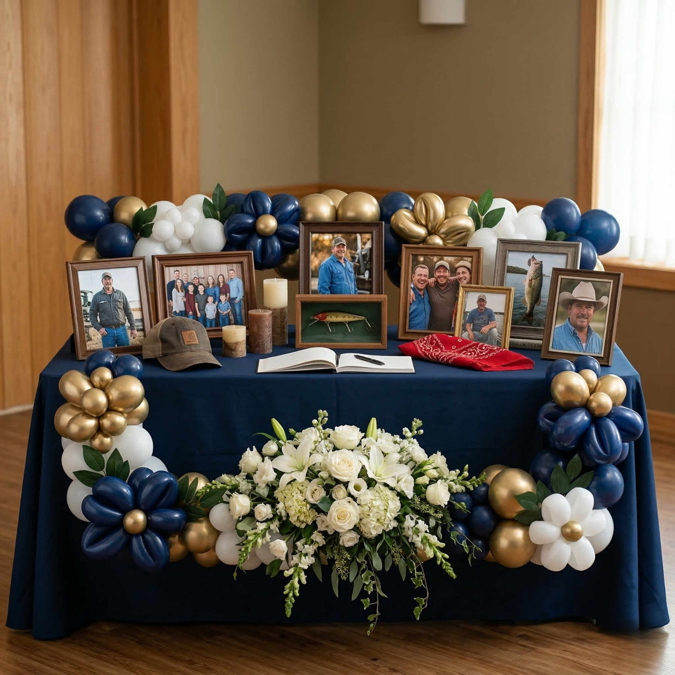 A navy, gold, and white balloon flower garland framing a navy-draped table filled with family photos, a baseball cap, fishing lure, red bandana, and white floral arrangements