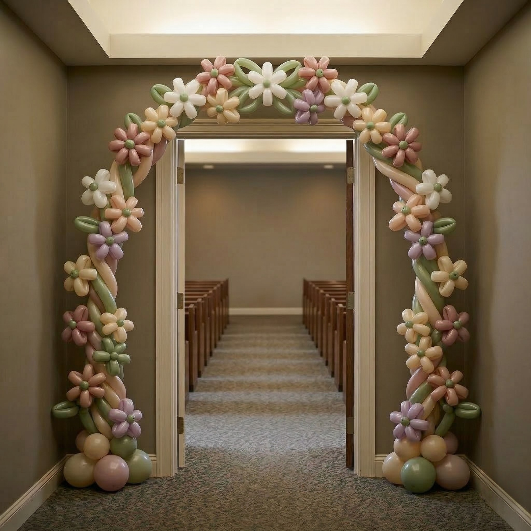 Pastel flower doorway arch framing a chapel entrance