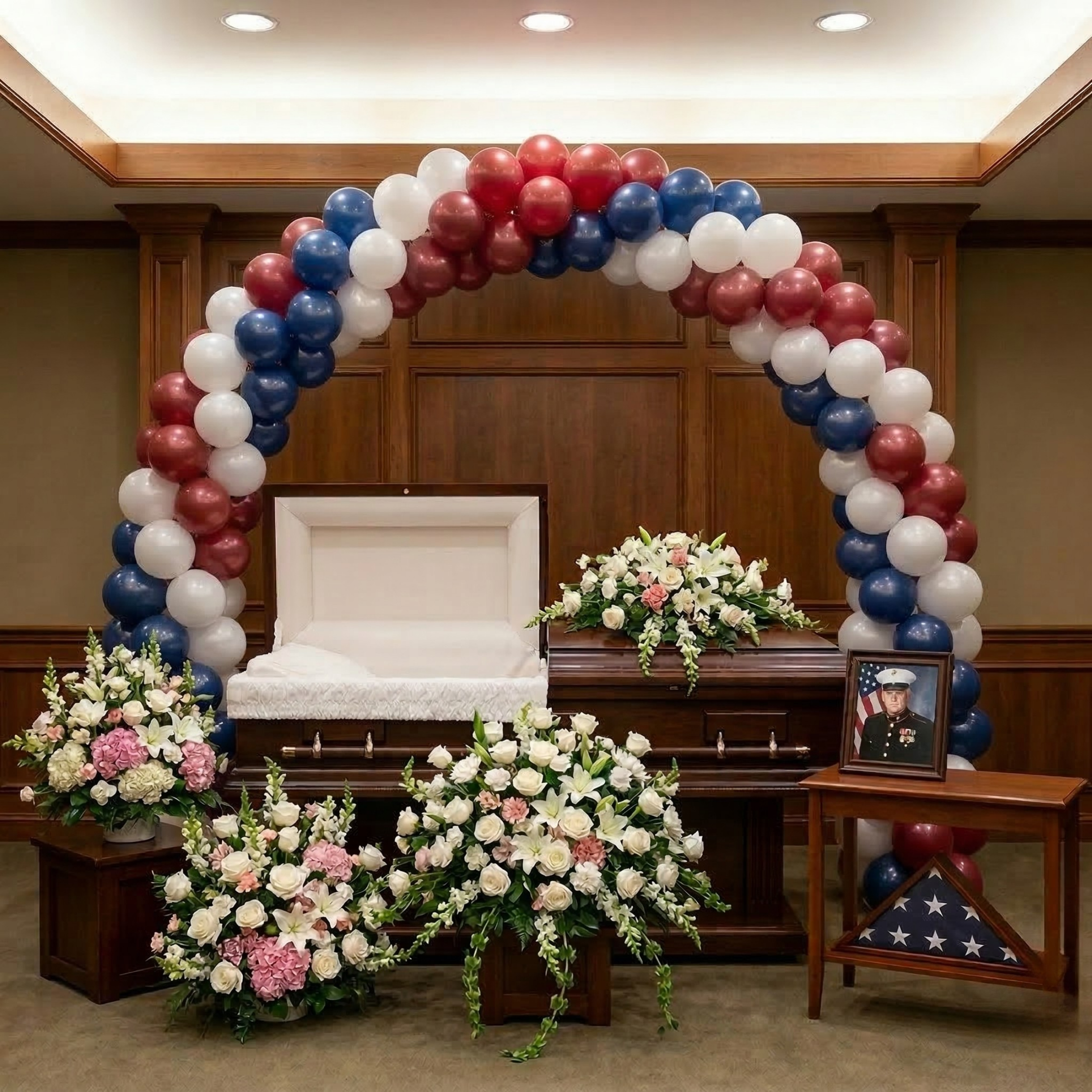 A full red, white, and blue round-balloon arch spanning a funeral home room, framing a white casket with military portrait, folded flag display, and white floral sprays