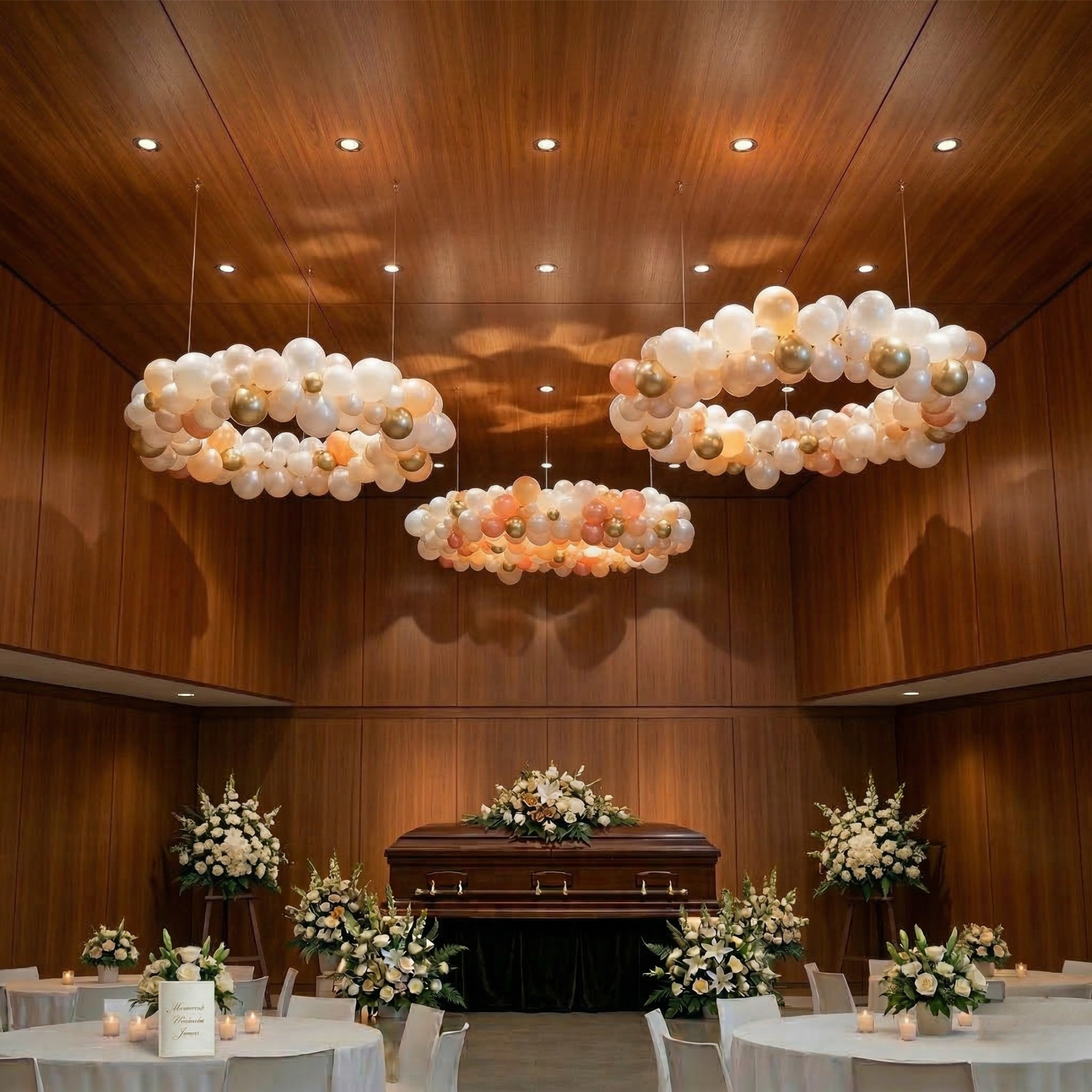 Floating halos — balloon rings suspended above a casket with floral sprays