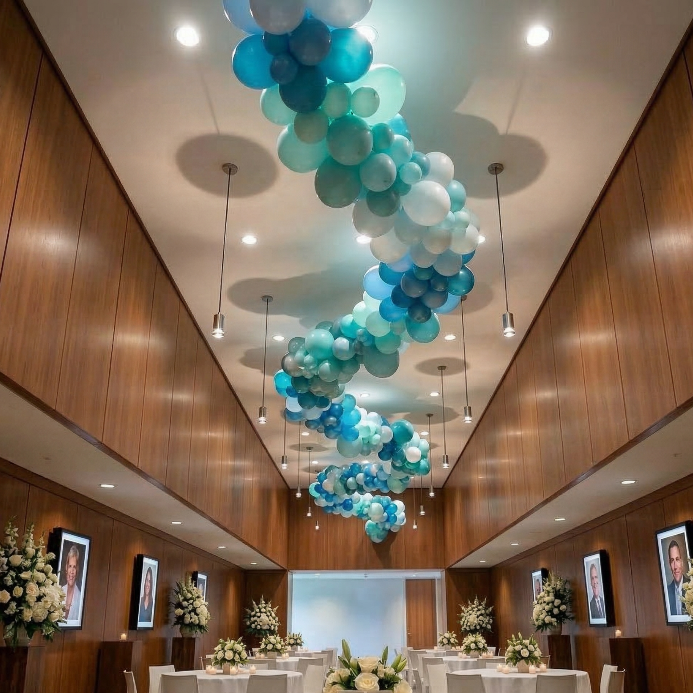 A flowing diagonal spiral of teal, blue, and white balloons suspended across the ceiling of a reception hall