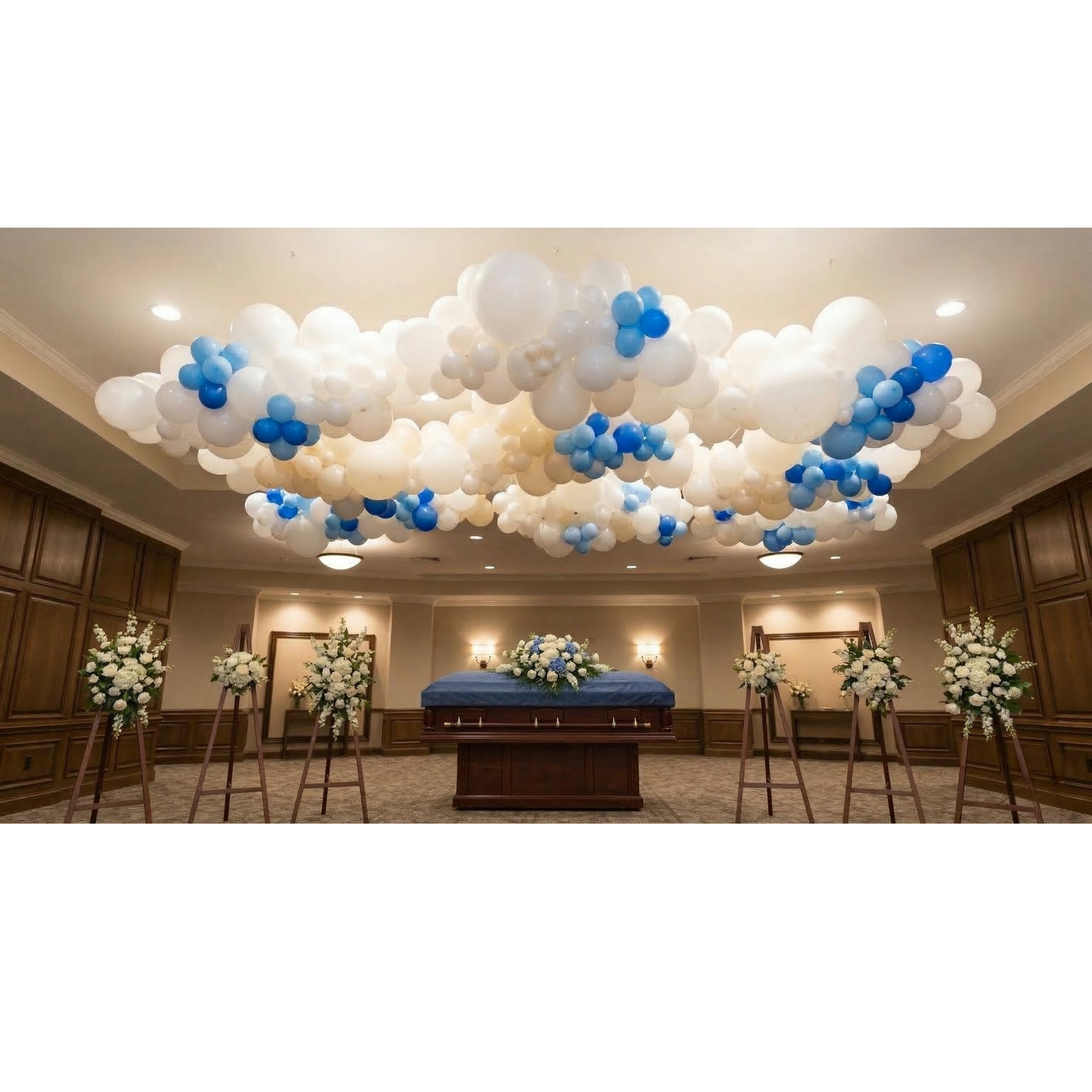 A wide white and blue cloud balloon canopy spanning the ceiling above a casket