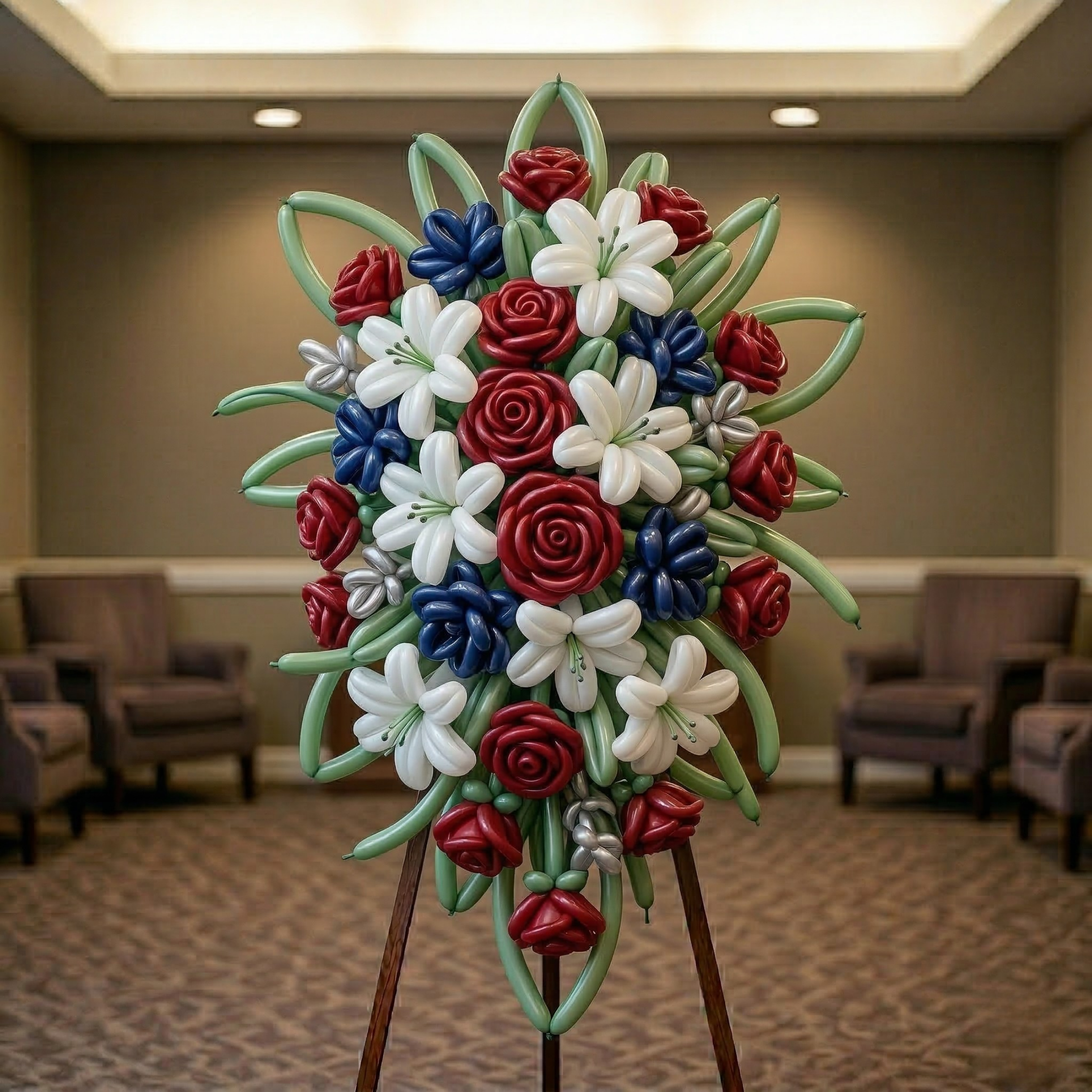 A standing spray of red roses, white lily flowers, and blue accent blooms with sage green stems, on an easel in a funeral home lounge