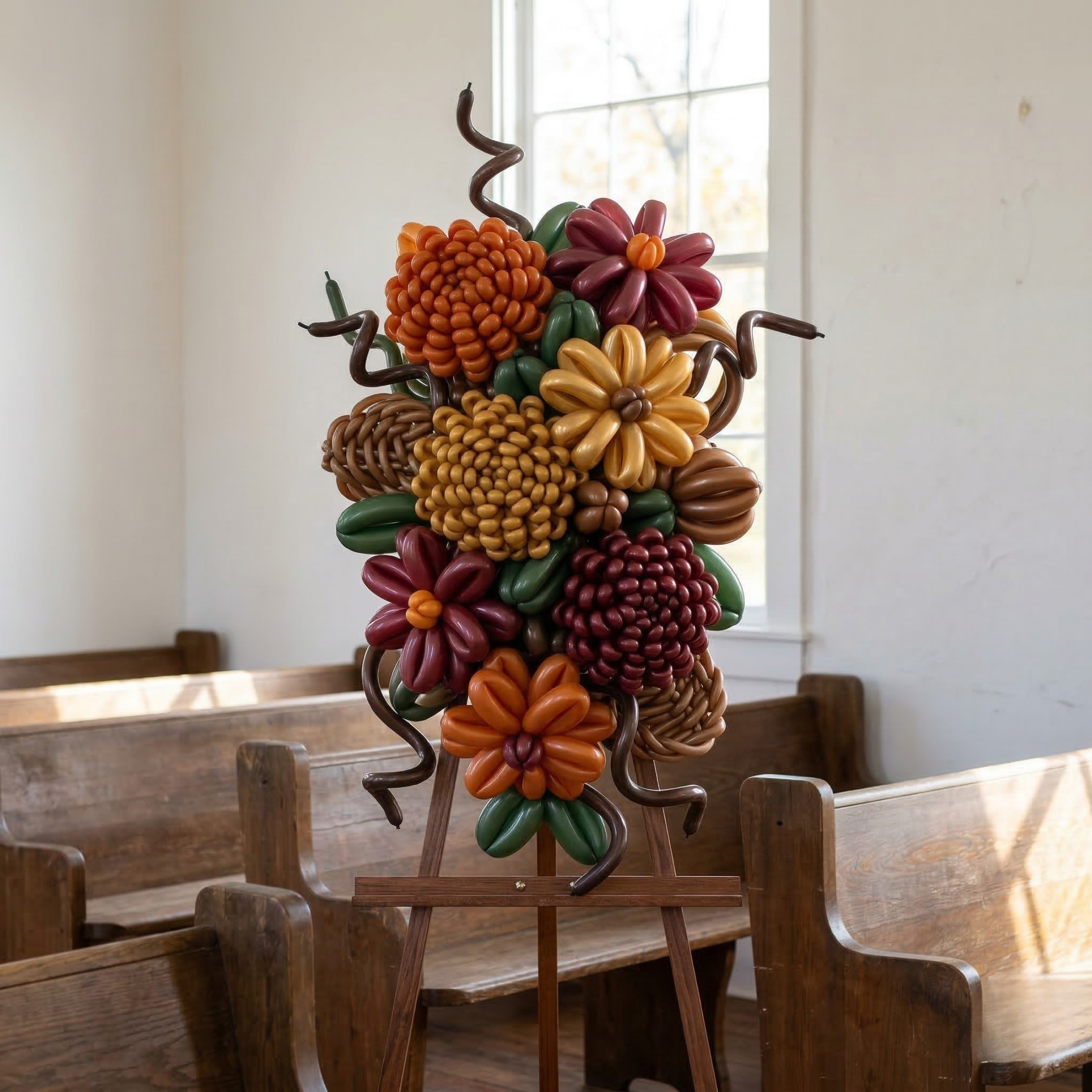 A standing spray of autumn-toned balloon flowers — burnt orange, gold, burgundy, and brown mum-style blooms with curling brown vine accents — on an easel between wooden church pews