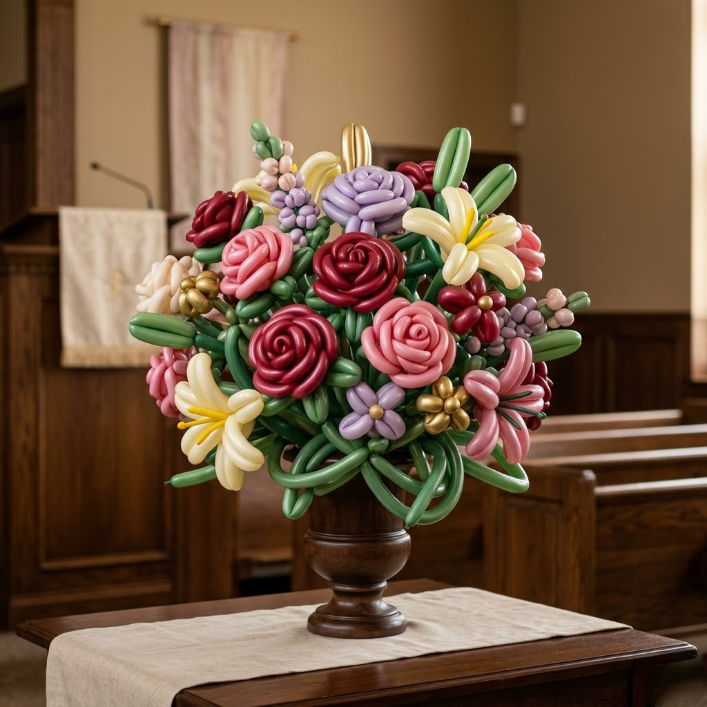 A full mixed garden bouquet of deep red and pink roses, lavender clusters, yellow lilies, and cream flowers with green leaves, arranged in a dark urn-style vase on a chapel altar table