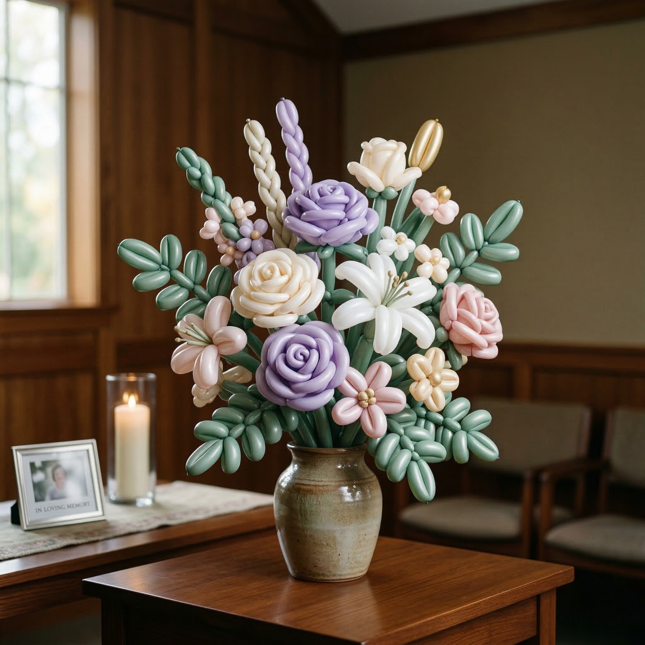 A soft pastel bouquet of lavender and cream roses, pink roses, a white lily, and sage greenery in a stoneware vase on a table beside a lit candle and a small memorial photo frame