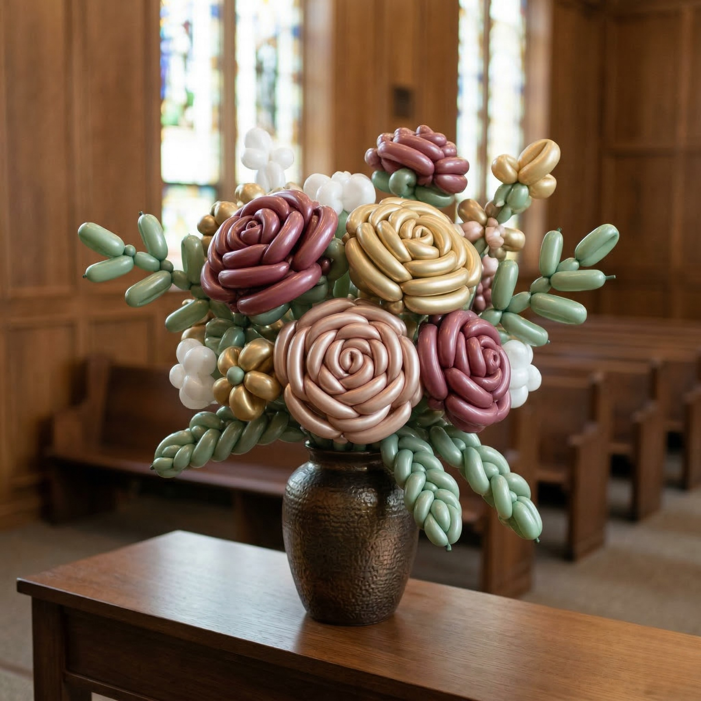 A bouquet of dusty rose, mauve, and champagne gold spiral roses with white accent flowers and sage greenery in a hammered bronze vase on a chapel table, stained glass window in the background