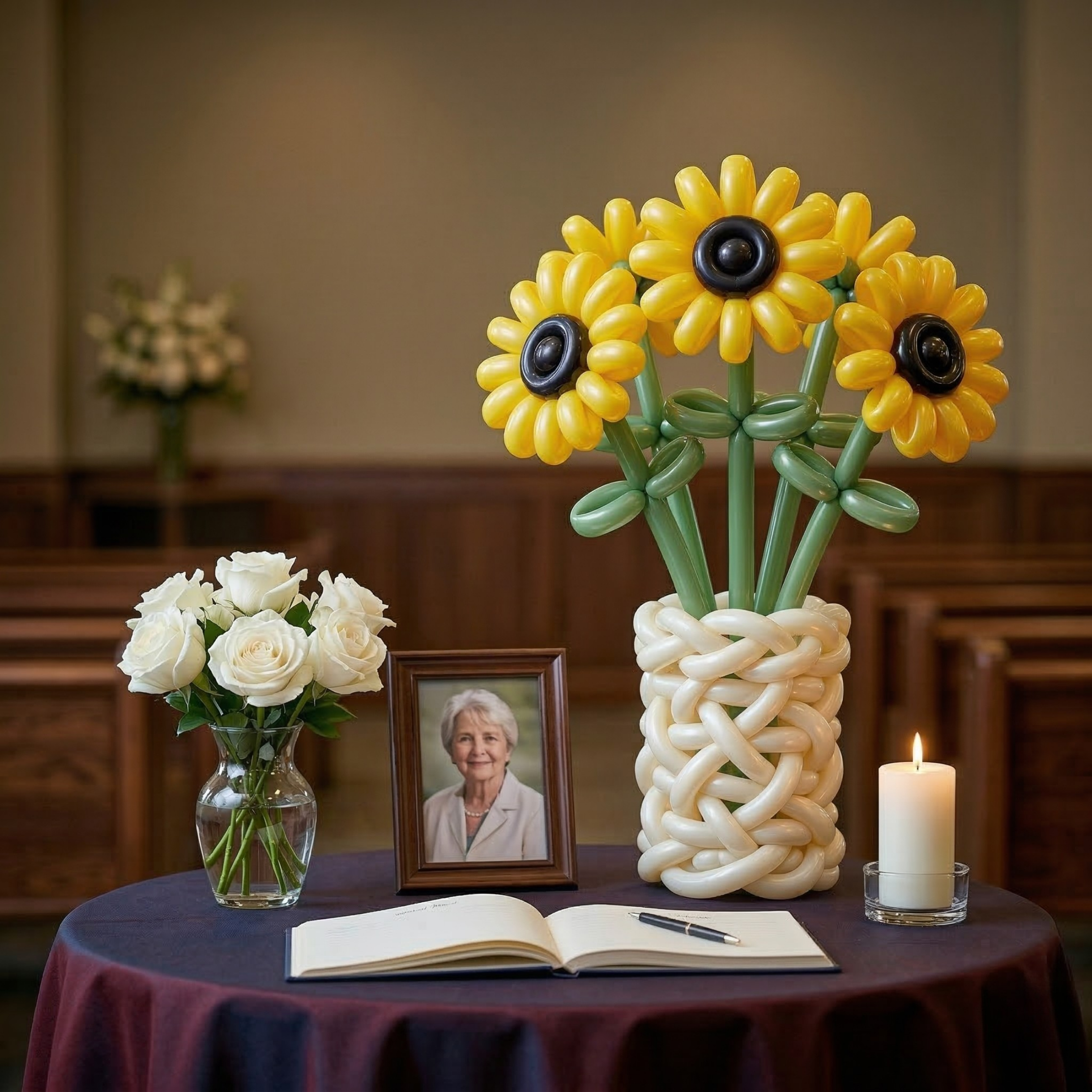 Three yellow sunflowers with dark centers in a woven white balloon vase on a round table, with a small memorial photo frame, a vase of white roses, an open guest book, and a candle