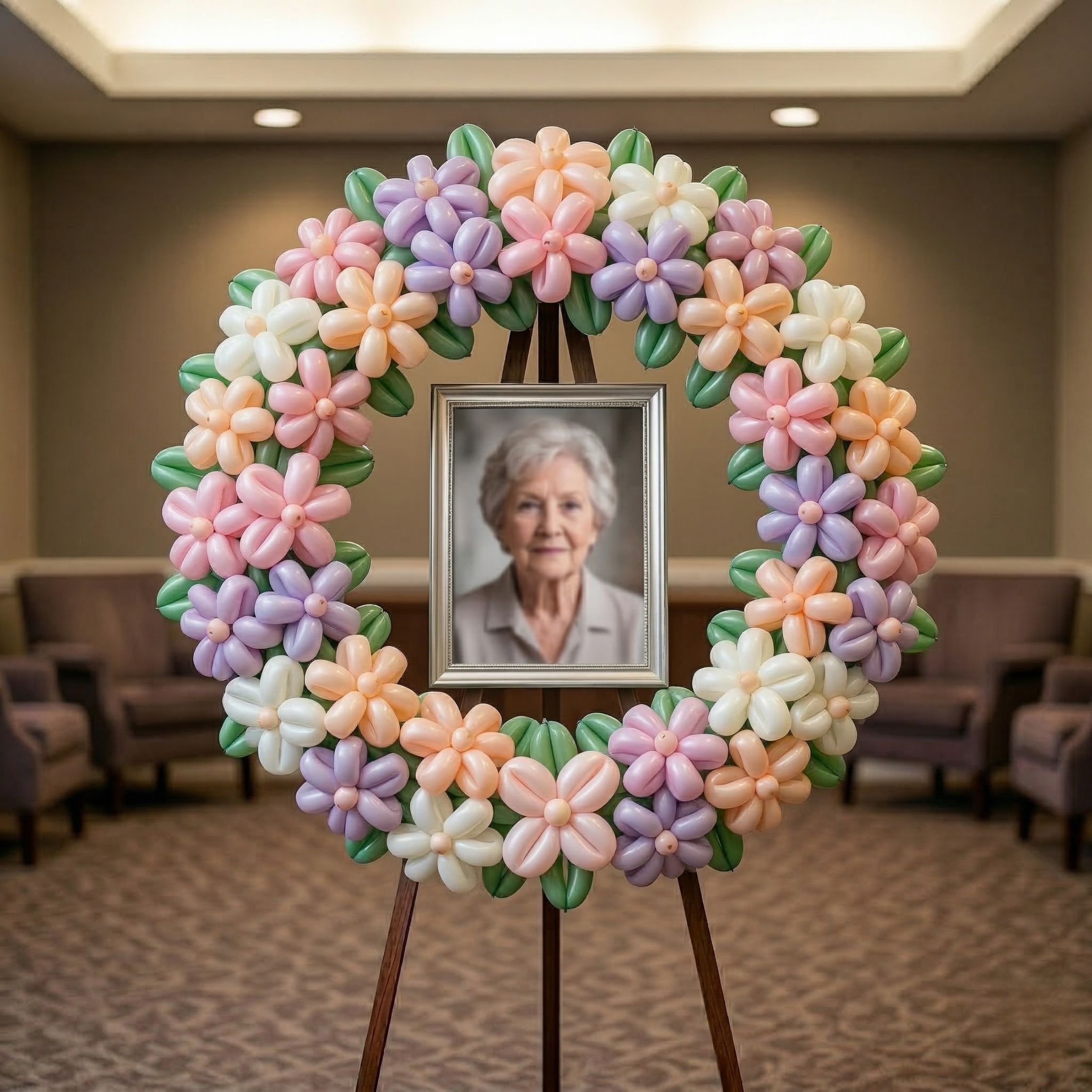 Pastel balloon flower wreath framing a portrait photograph