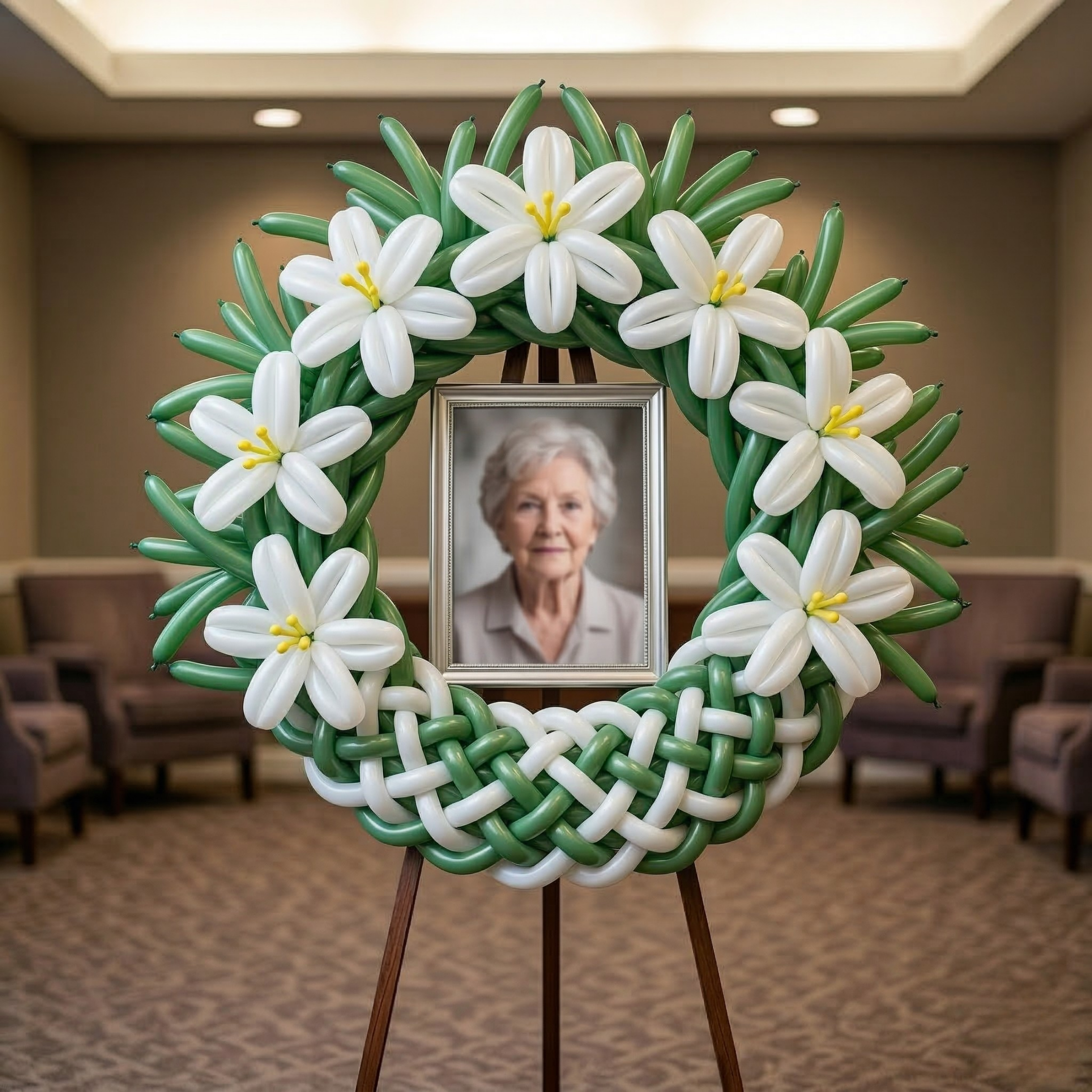 A circular wreath of white lily balloon flowers with yellow centers on a deep green foliage ring with a braided base, holding an elderly woman's portrait at center on an easel